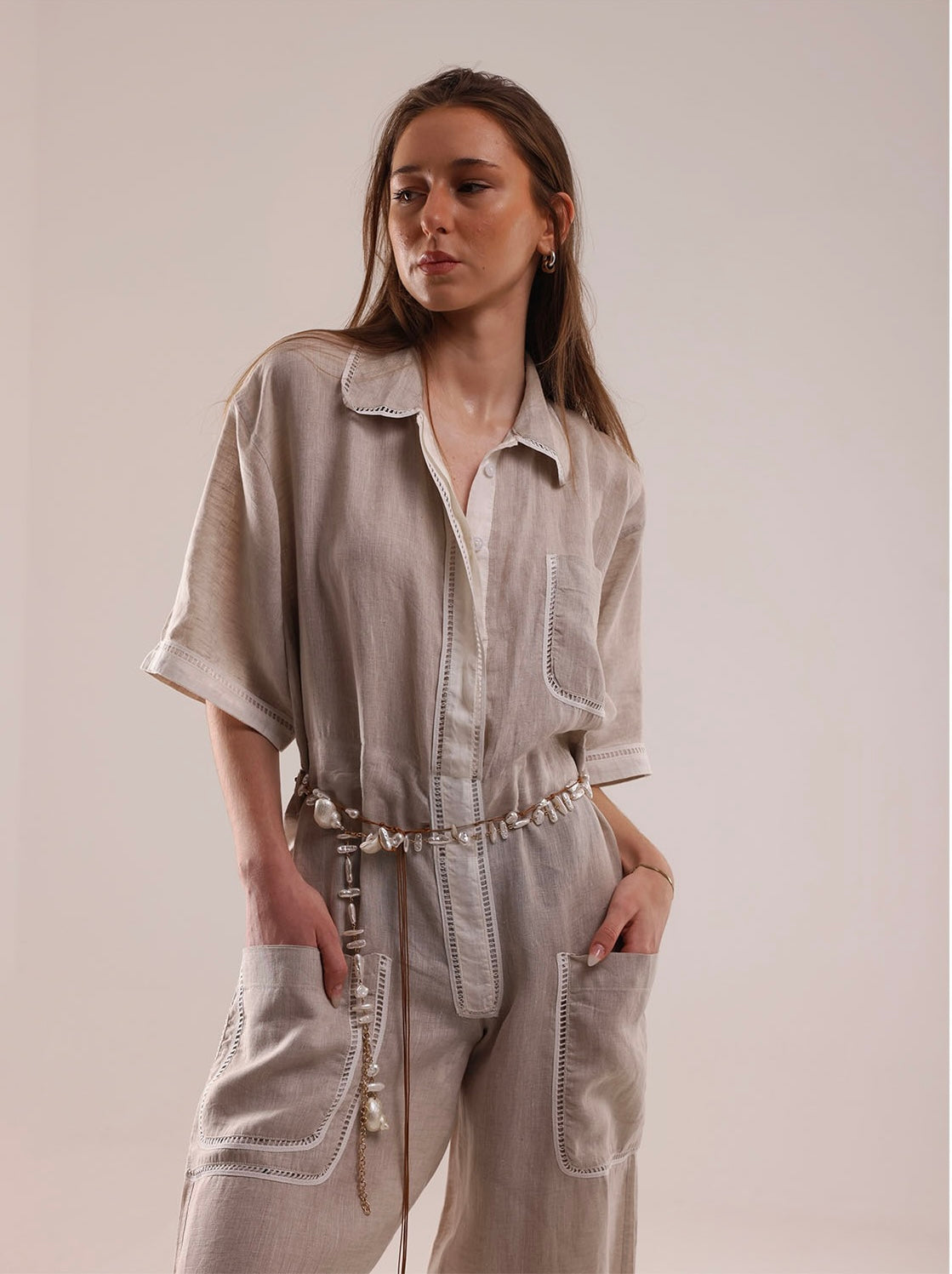 100% Linen Beige Jumpsuit