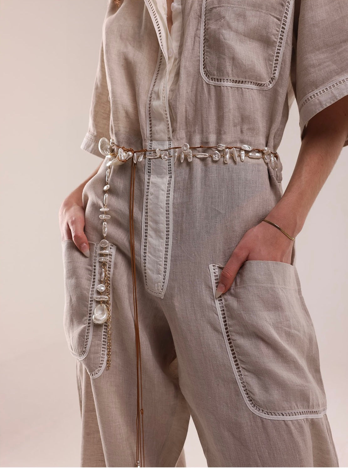 100% Linen Beige Jumpsuit