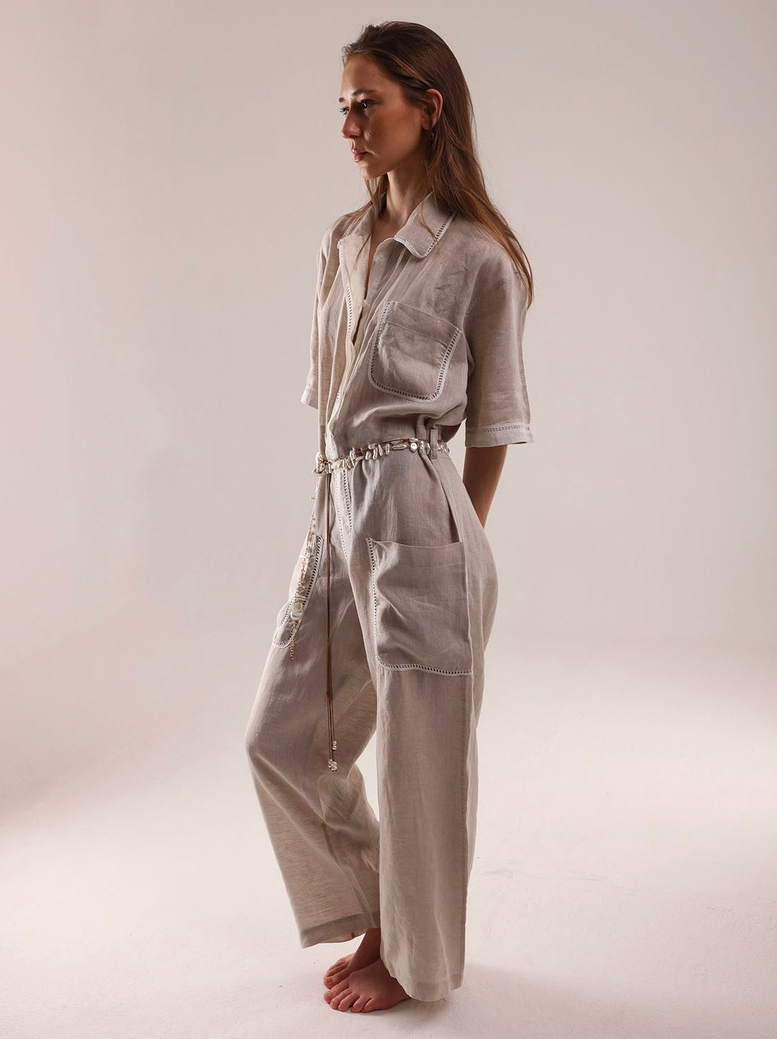 100% Linen Beige Jumpsuit