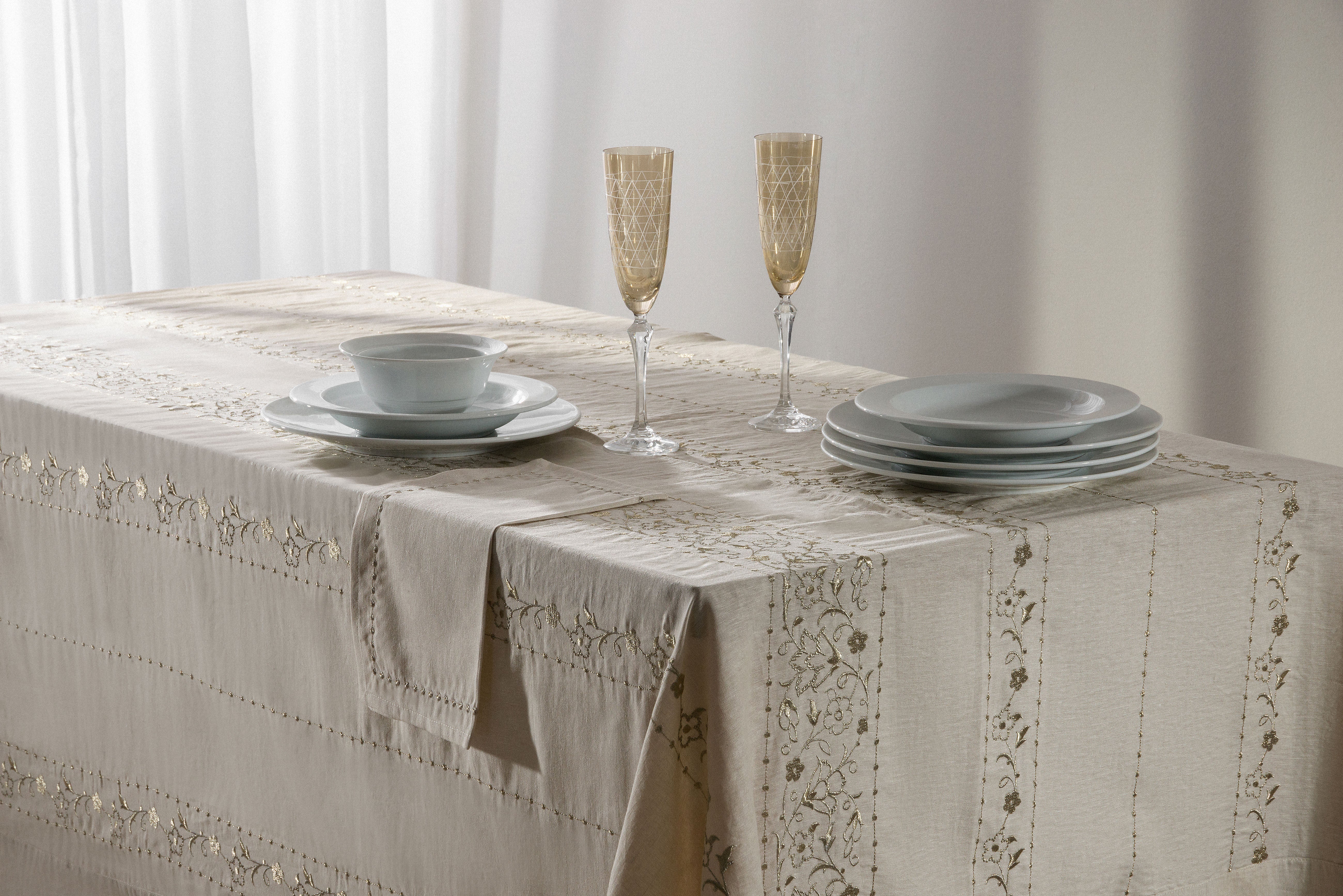 Linen Striped Flowers Embroidered Table Linen