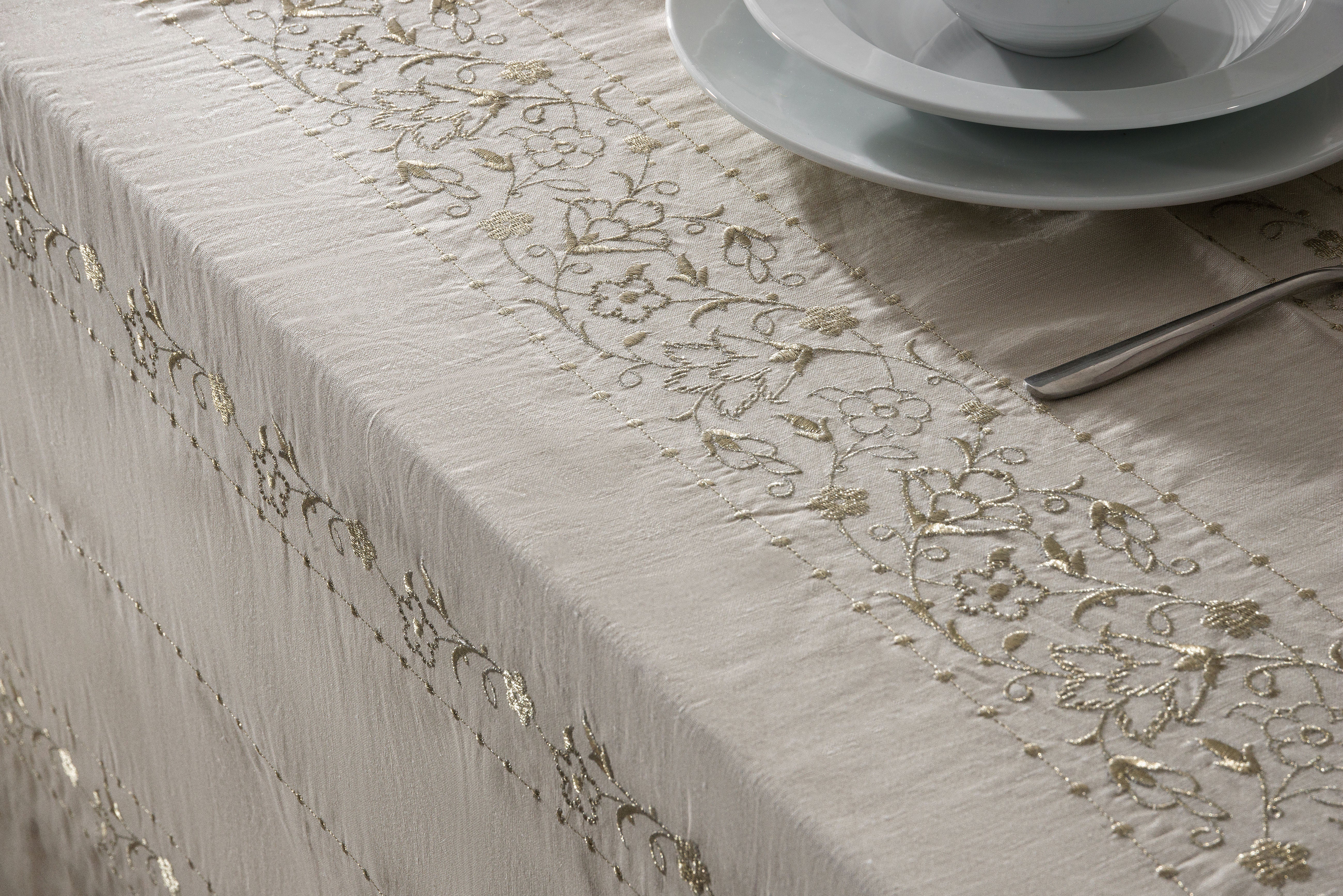 Linen Striped Flowers Embroidered Table Linen