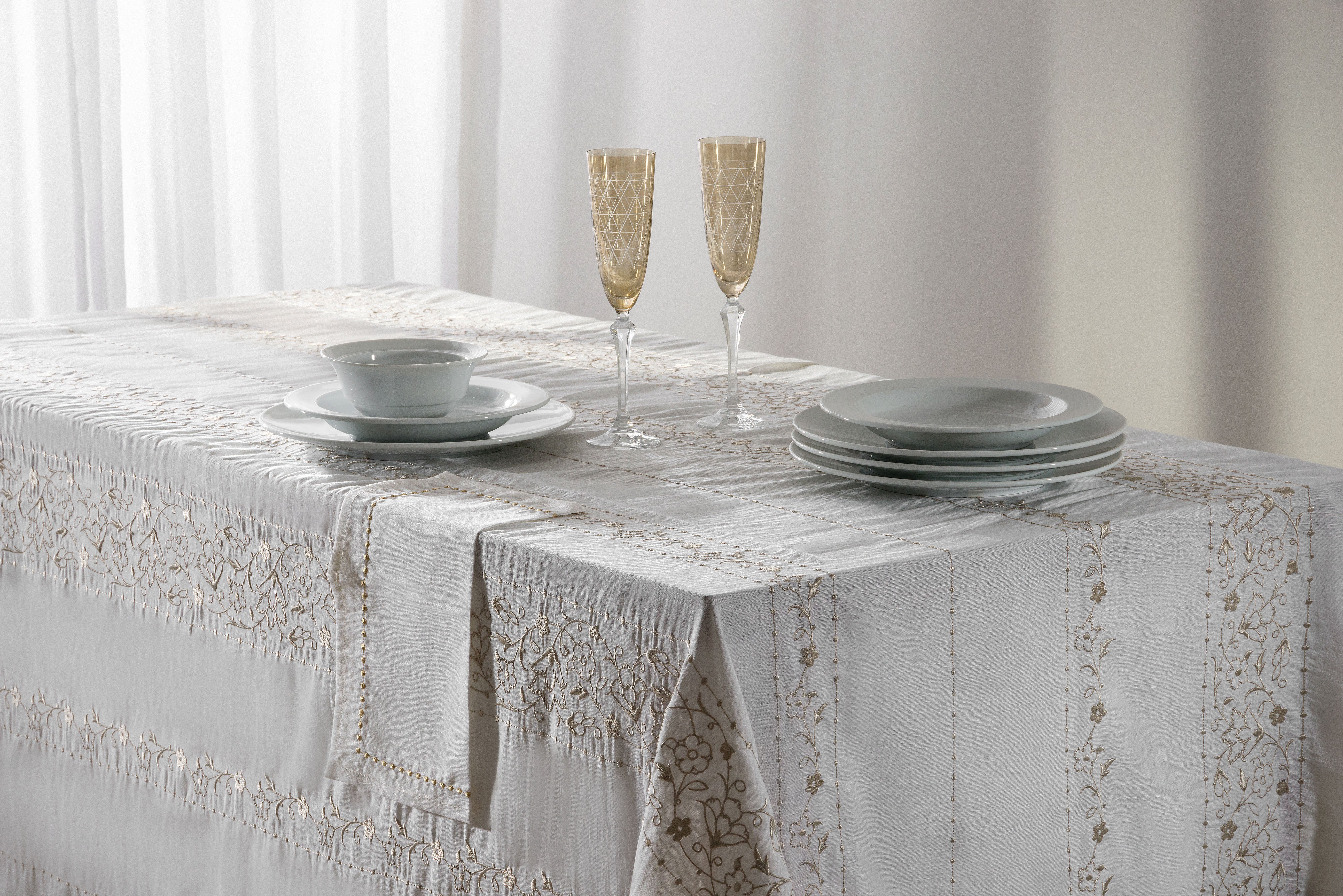 Linen Striped Flowers Embroidered Table Linen