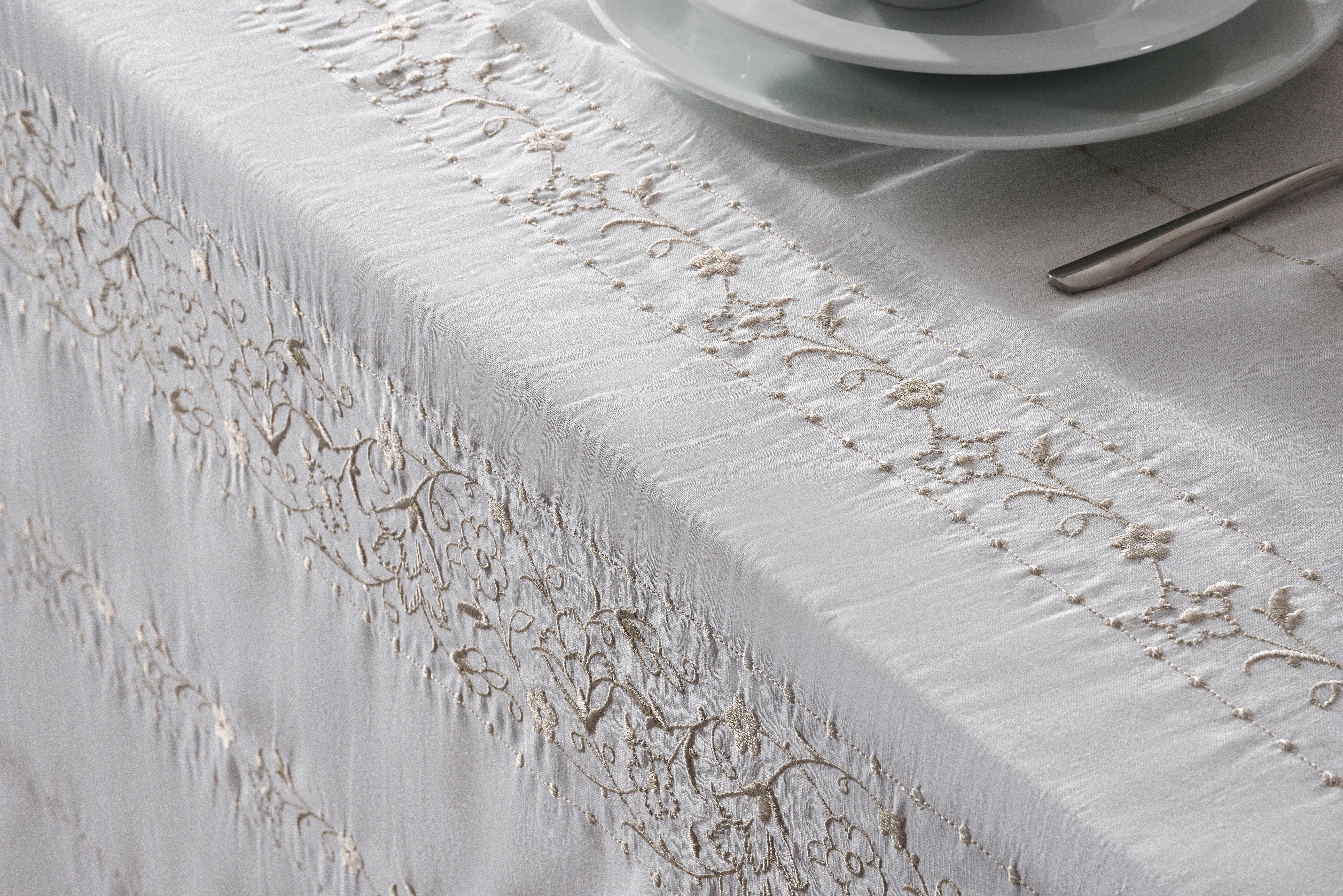 Linen Striped Flowers Embroidered Table Linen